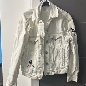 Rebecca Taylor White Denim Jacket with Hummingbird Bird Embroidery